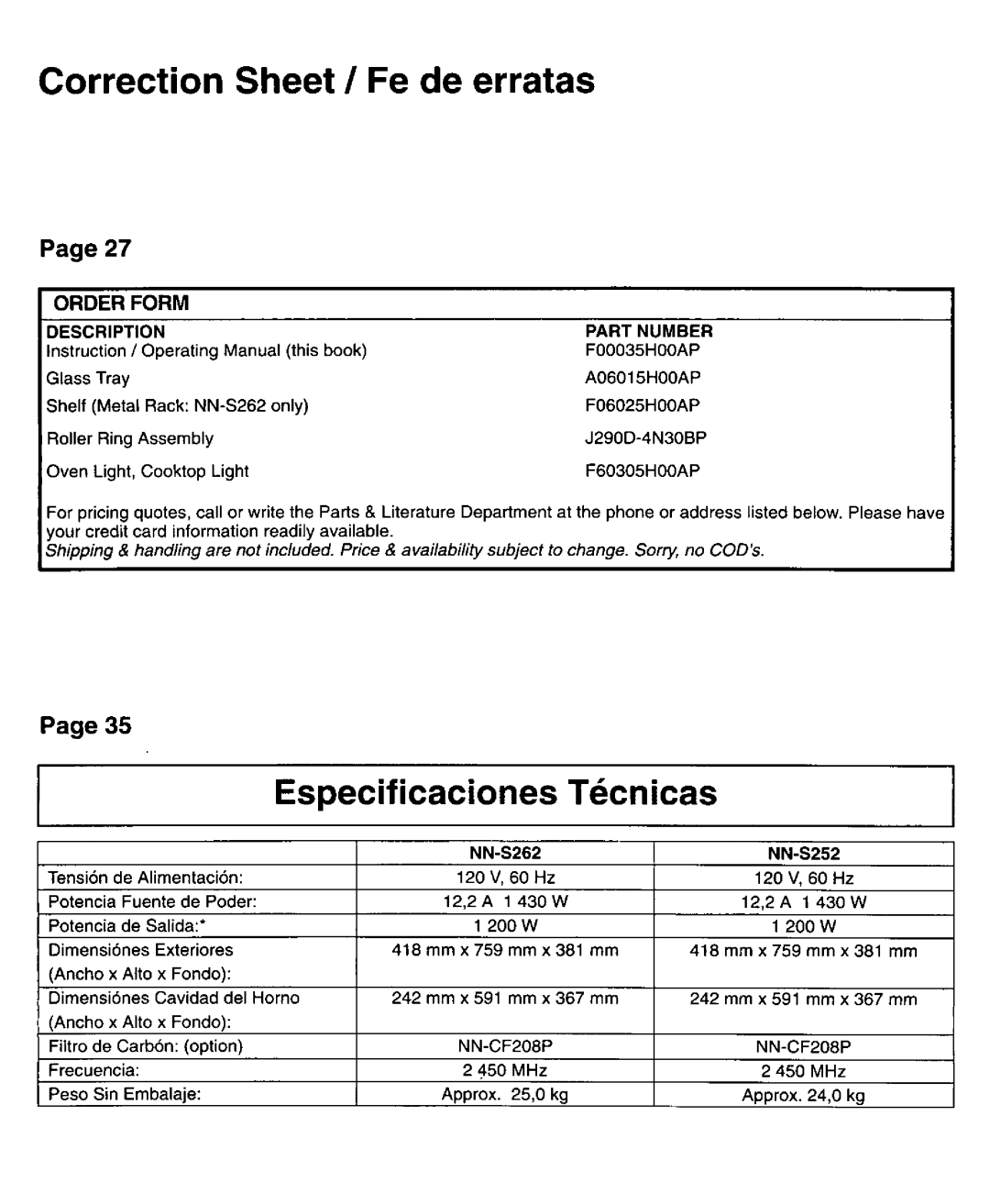 Panasonic NN-S262, NN-S252 manual 