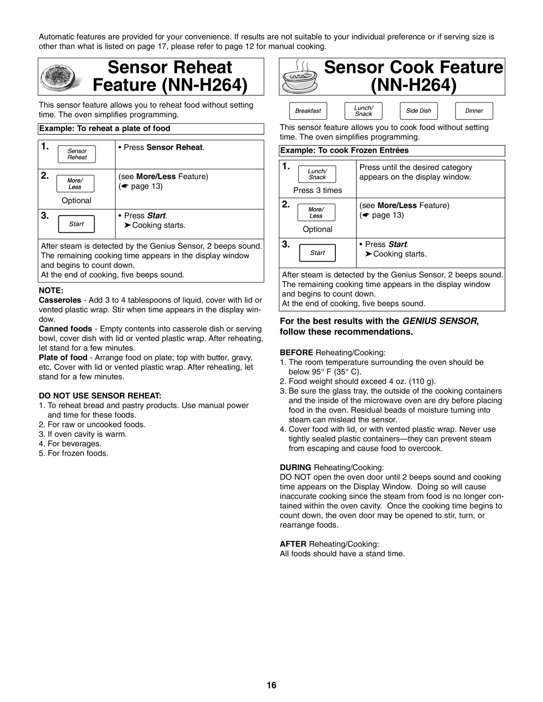 Panasonic NN-S254 Sensor Reheat Feature NN-H264 Sensor Cook Feature, Example To reheat a plate of food Press Sensor Reheat 