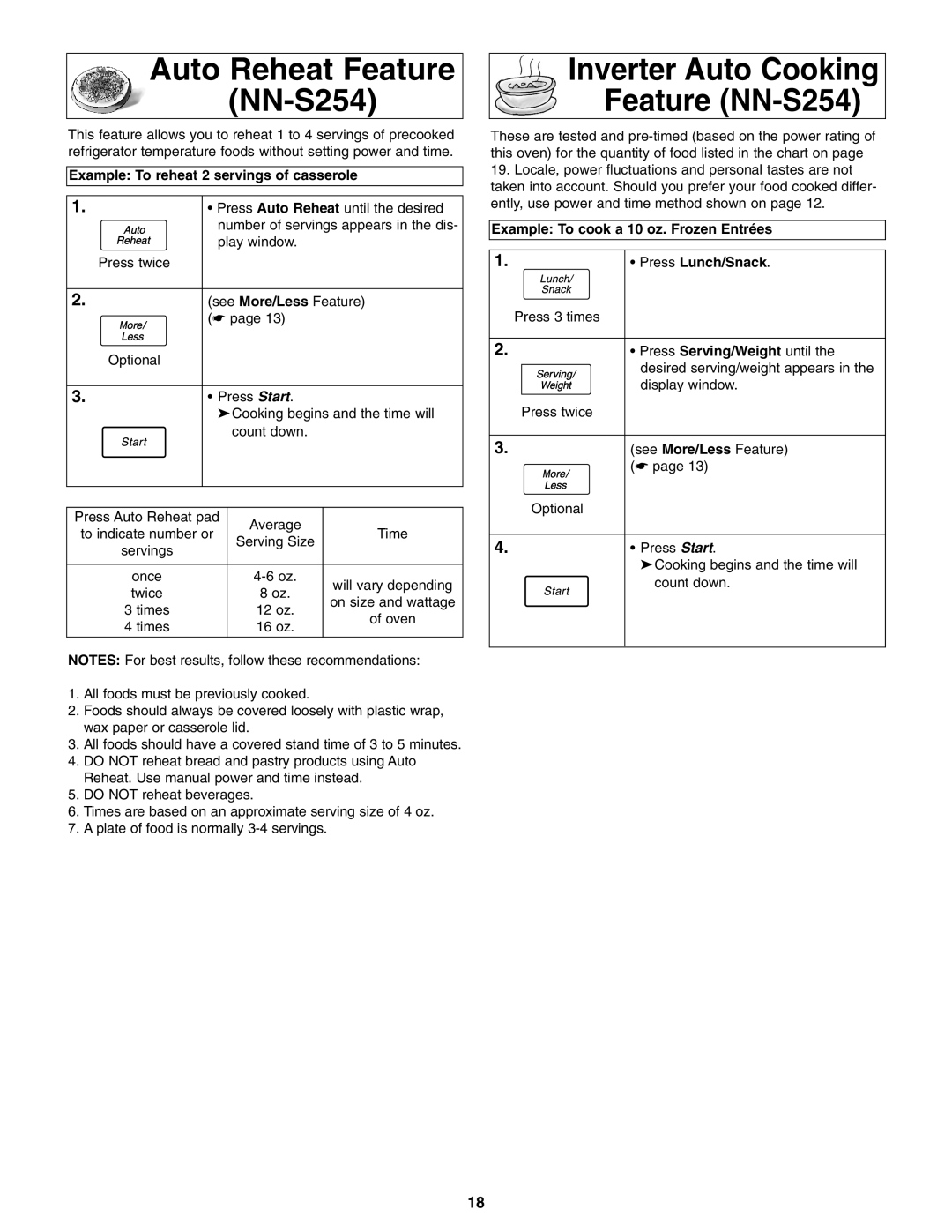 Panasonic important safety instructions Auto Reheat Feature NN-S254, Example To reheat 2 servings of casserole 