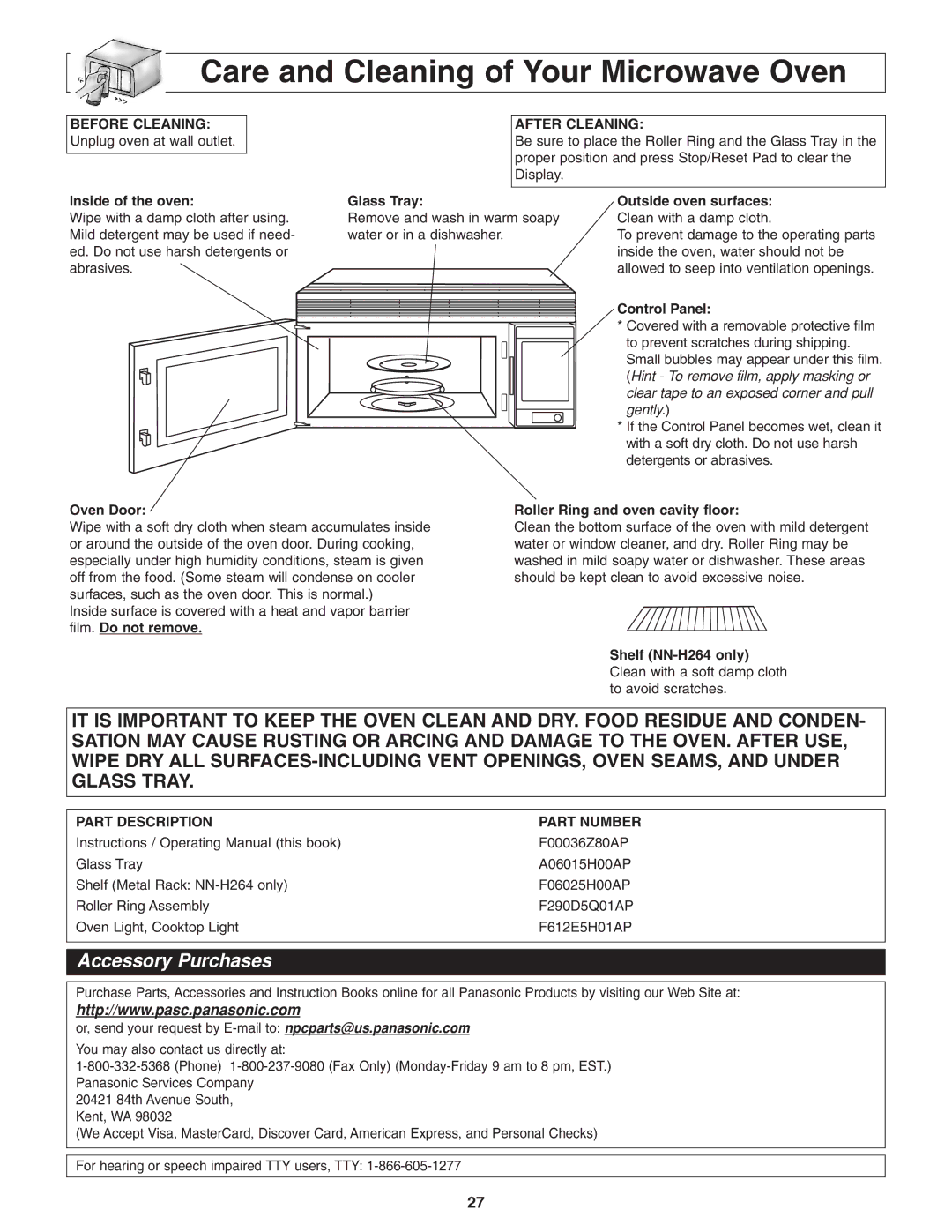 Panasonic NN-S254 Care and Cleaning of Your Microwave Oven, After Cleaning, Part Description Part Number 