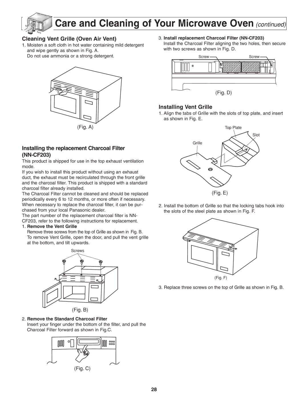 Panasonic NN-S254 Cleaning Vent Grille Oven Air Vent, Installing the replacement Charcoal Filter NN-CF203 