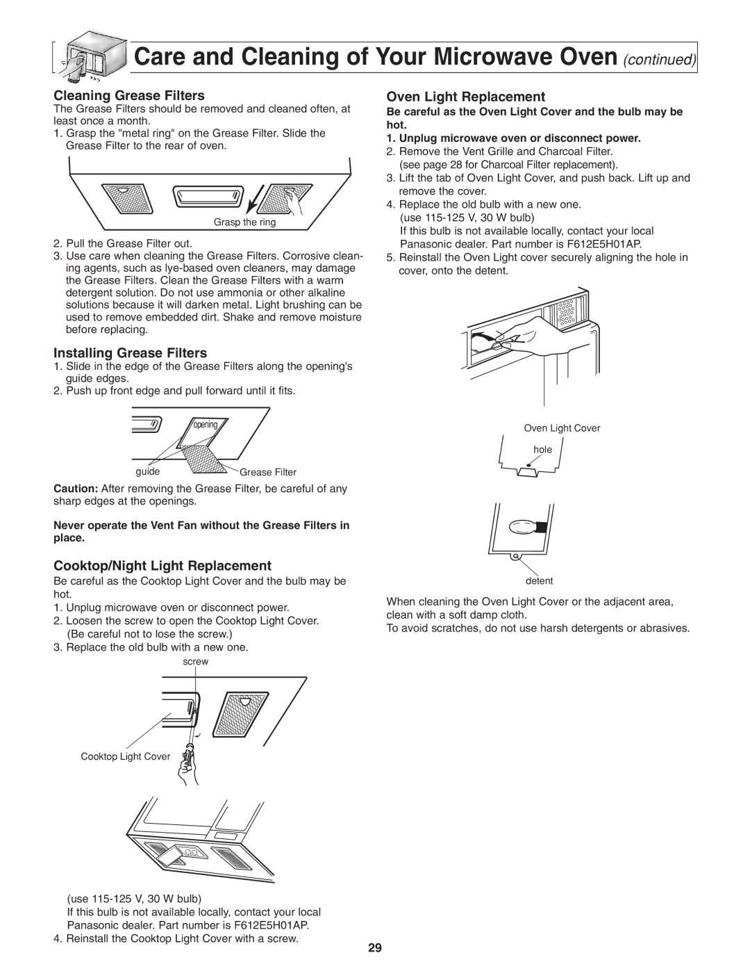 Panasonic NN-S254 important safety instructions Cleaning Grease Filters, Installing Grease Filters, Oven Light Replacement 