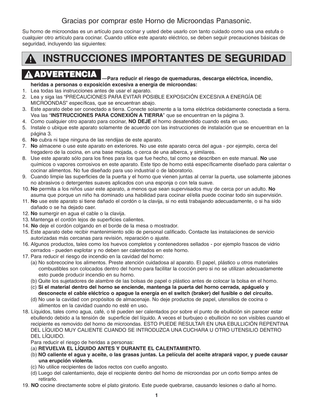 Panasonic NN-S254 important safety instructions Instrucciones Importantes DE Seguridad 