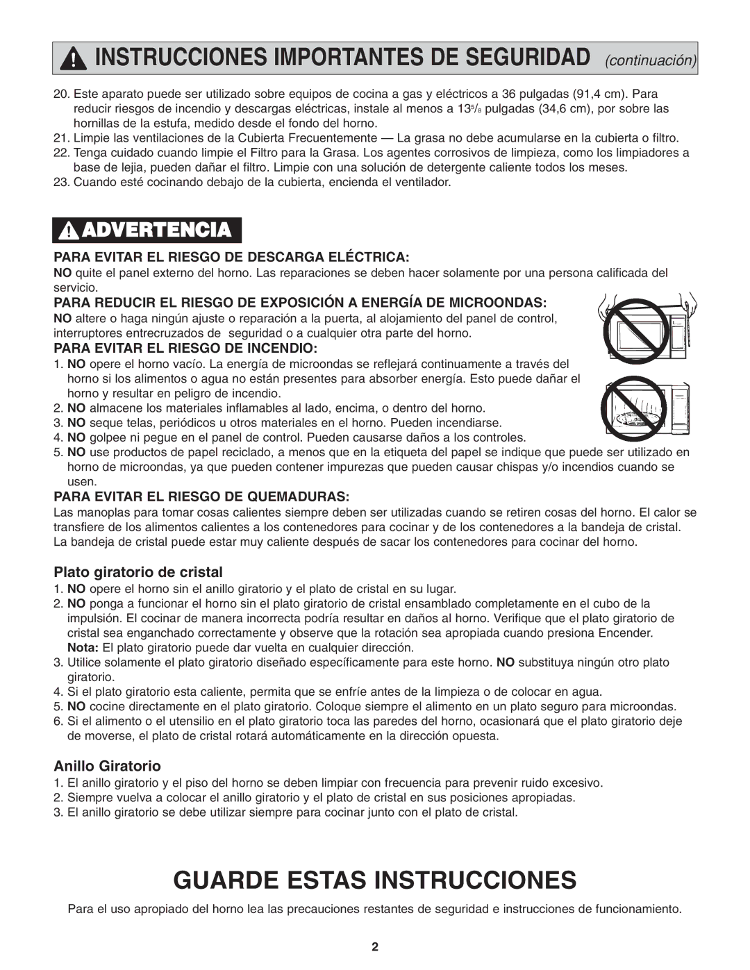 Panasonic NN-S254 important safety instructions Plato giratorio de cristal, Anillo Giratorio 