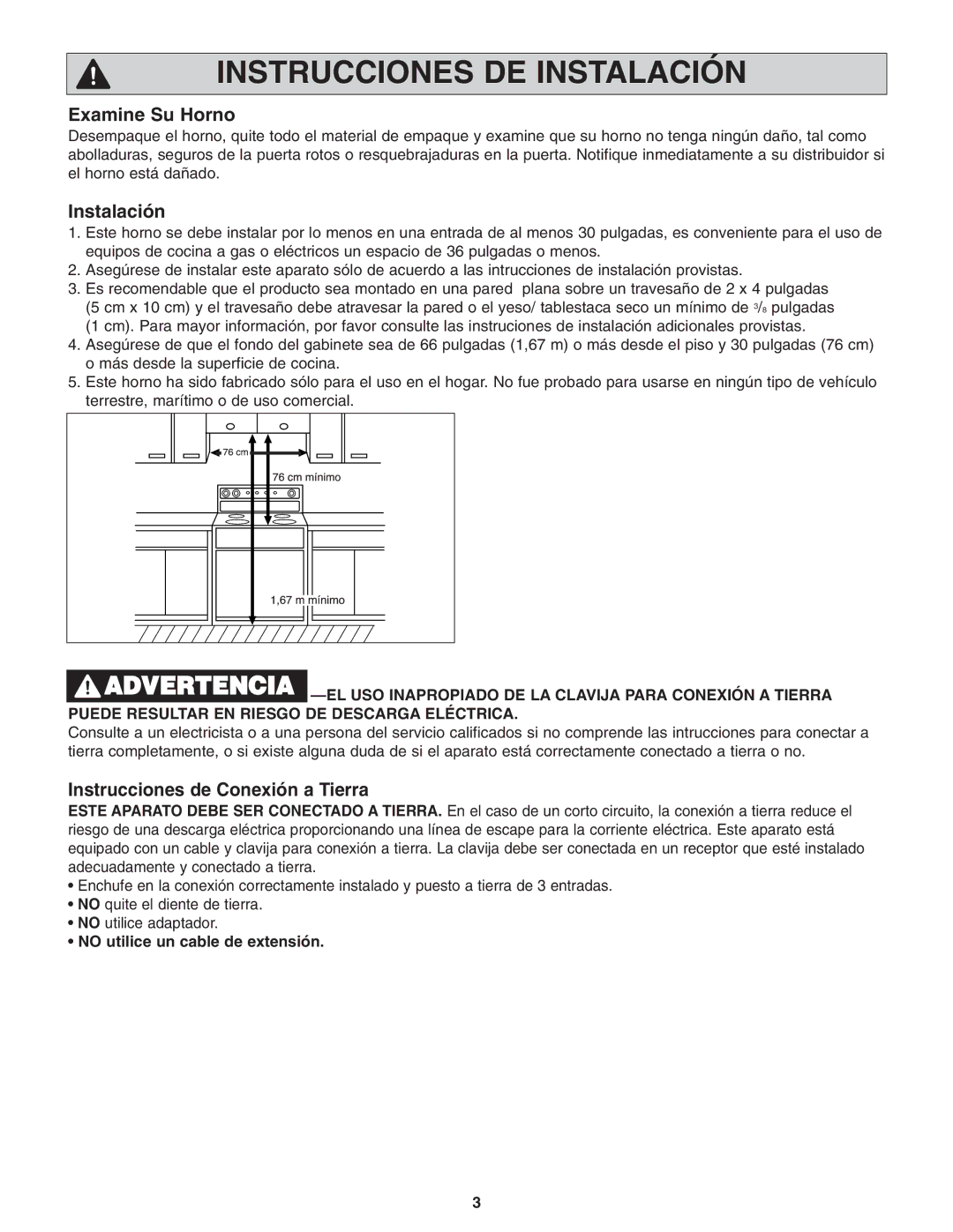 Panasonic NN-S254 Examine Su Horno, Instalación, Instrucciones de Conexión a Tierra, No utilice un cable de extensión 