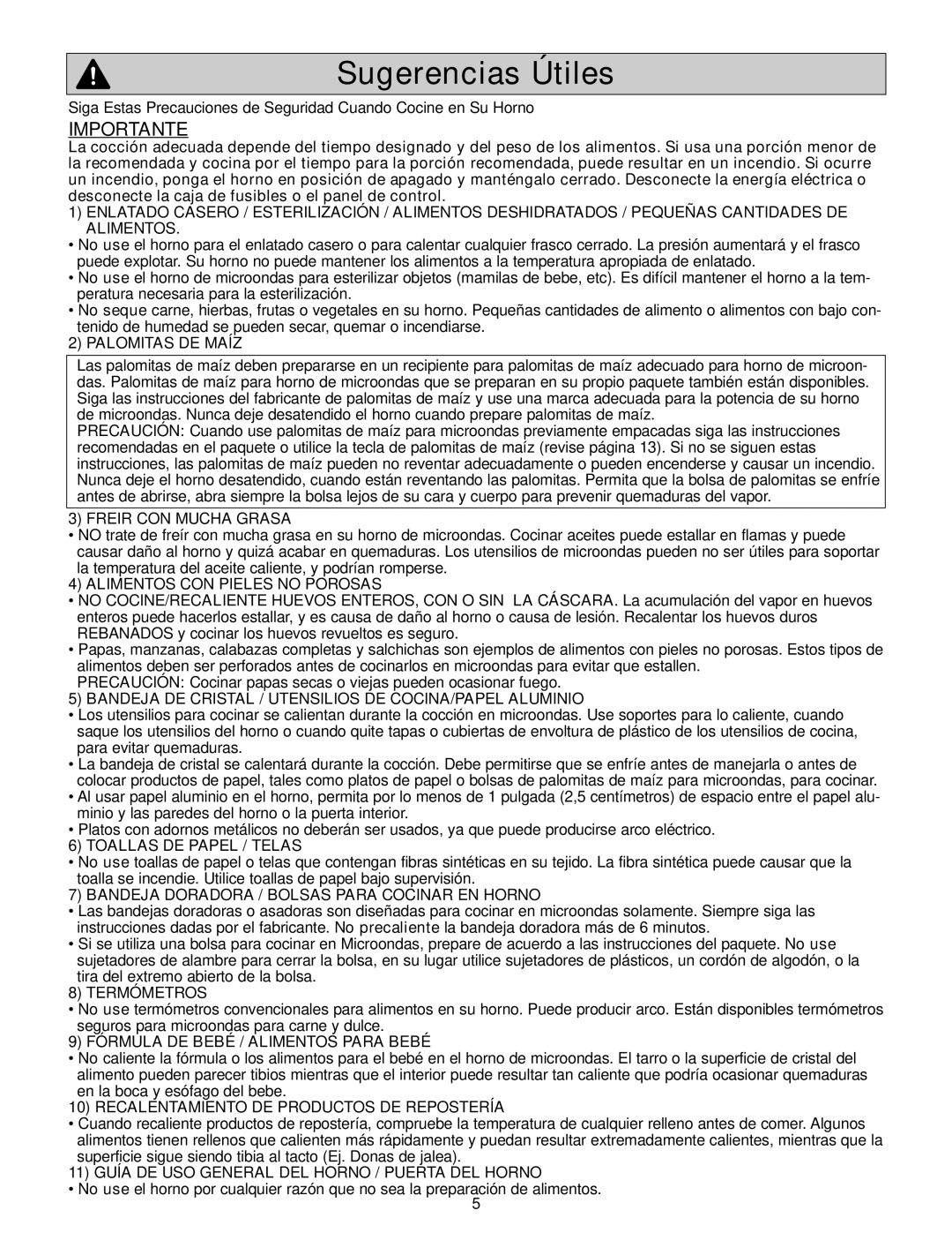 Panasonic NN-S254 important safety instructions Sugerencias Útiles, Importante 