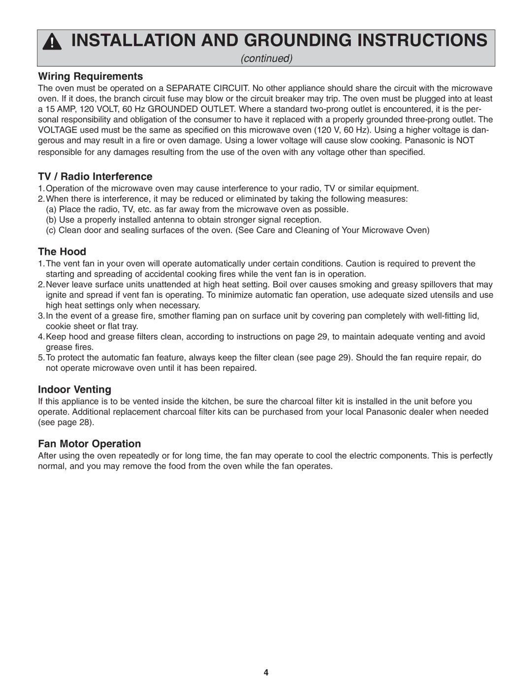 Panasonic NN-S254 Wiring Requirements, TV / Radio Interference, Hood, Indoor Venting, Fan Motor Operation 