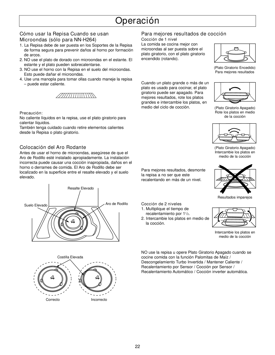 Panasonic NN-S254 important safety instructions Operación, Para mejores resultados de cocción, Colocación del Aro Rodante 