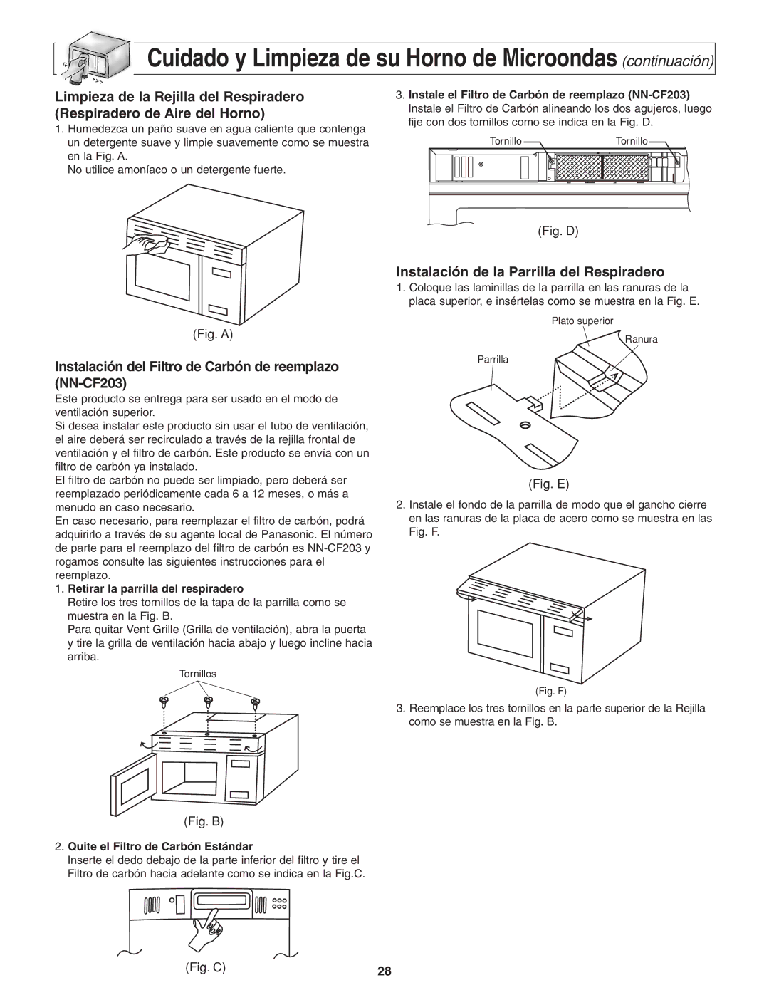 Panasonic NN-S254 Instalación del Filtro de Carbón de reemplazo NN-CF203, Instalación de la Parrilla del Respiradero 