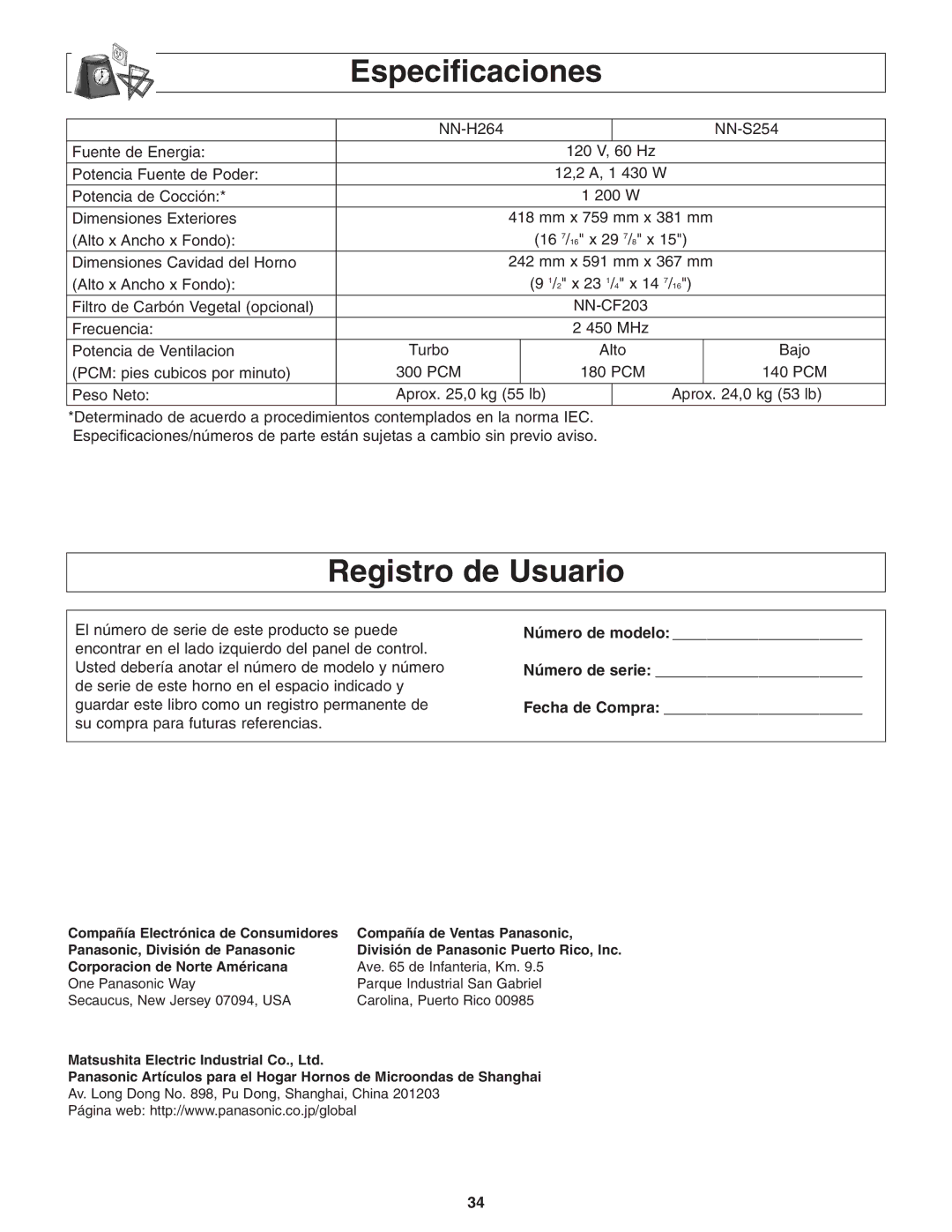 Panasonic NN-S254 Especificaciones, Registro de Usuario, Número de modelo Número de serie Fecha de Compra 