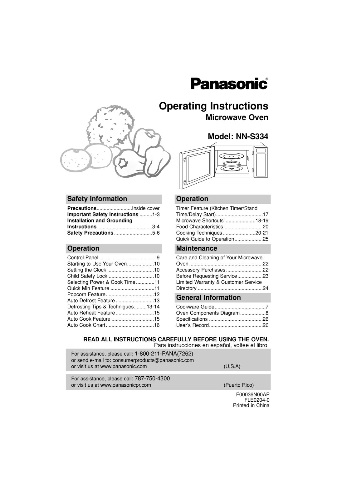 Panasonic NN-S334 important safety instructions Operating Instructions, Safety Information Operation, Maintenance 