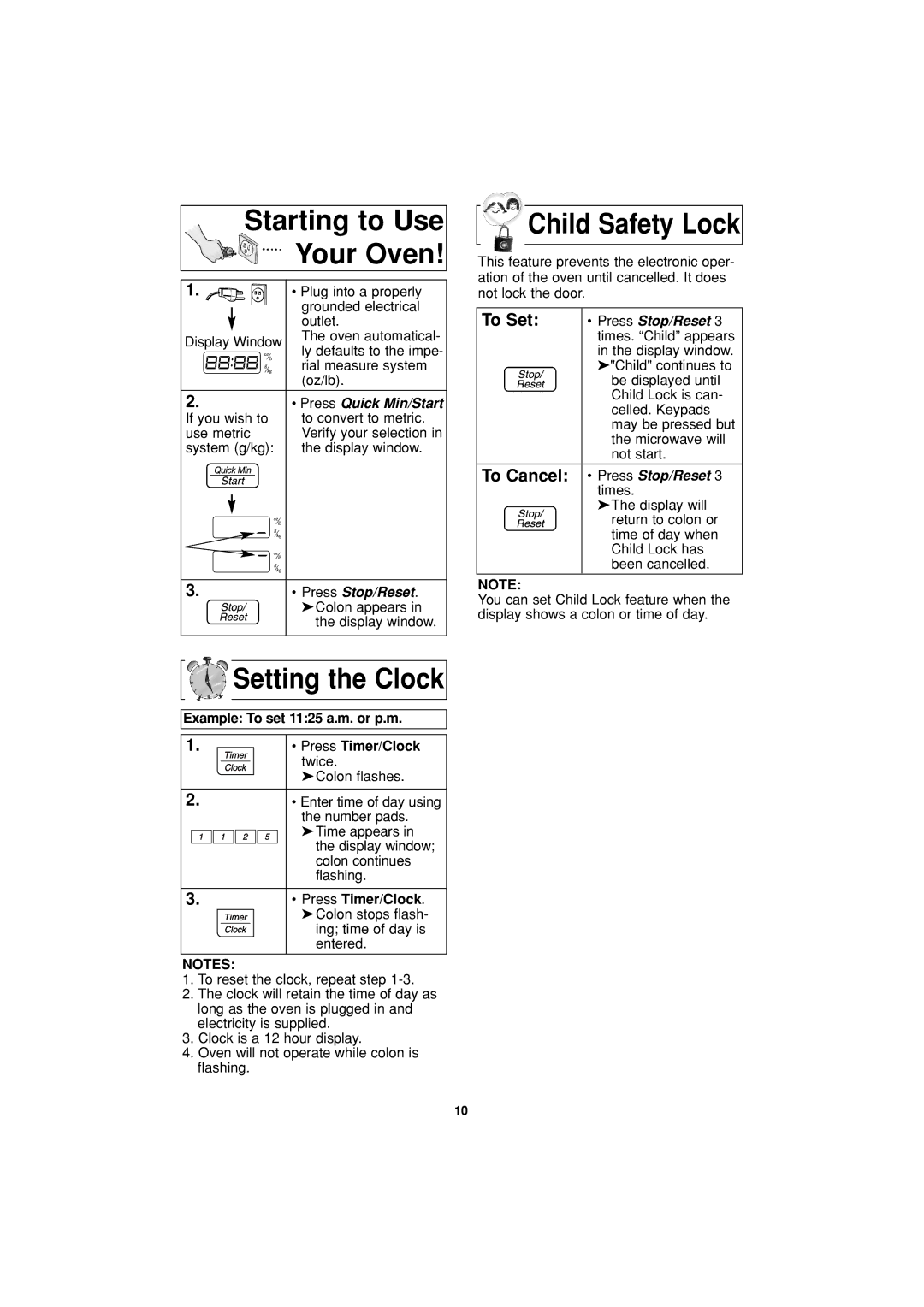 Panasonic NN-S334 Starting to Use Your Oven, Setting the Clock, Child Safety Lock, Example To set 1125 a.m. or p.m 