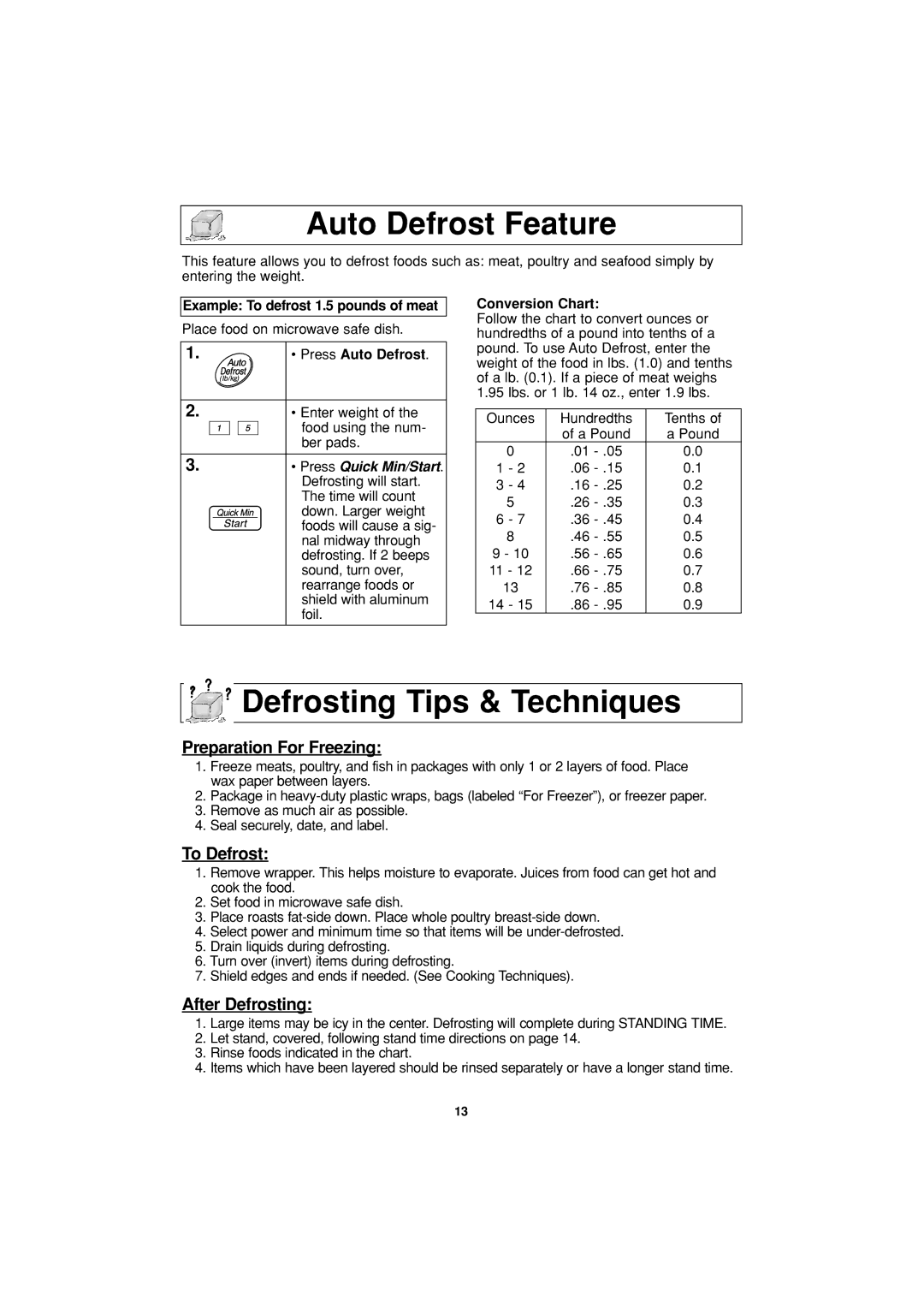 Panasonic NN-S334 Auto Defrost Feature, Defrosting Tips & Techniques, Example To defrost 1.5 pounds of meat 