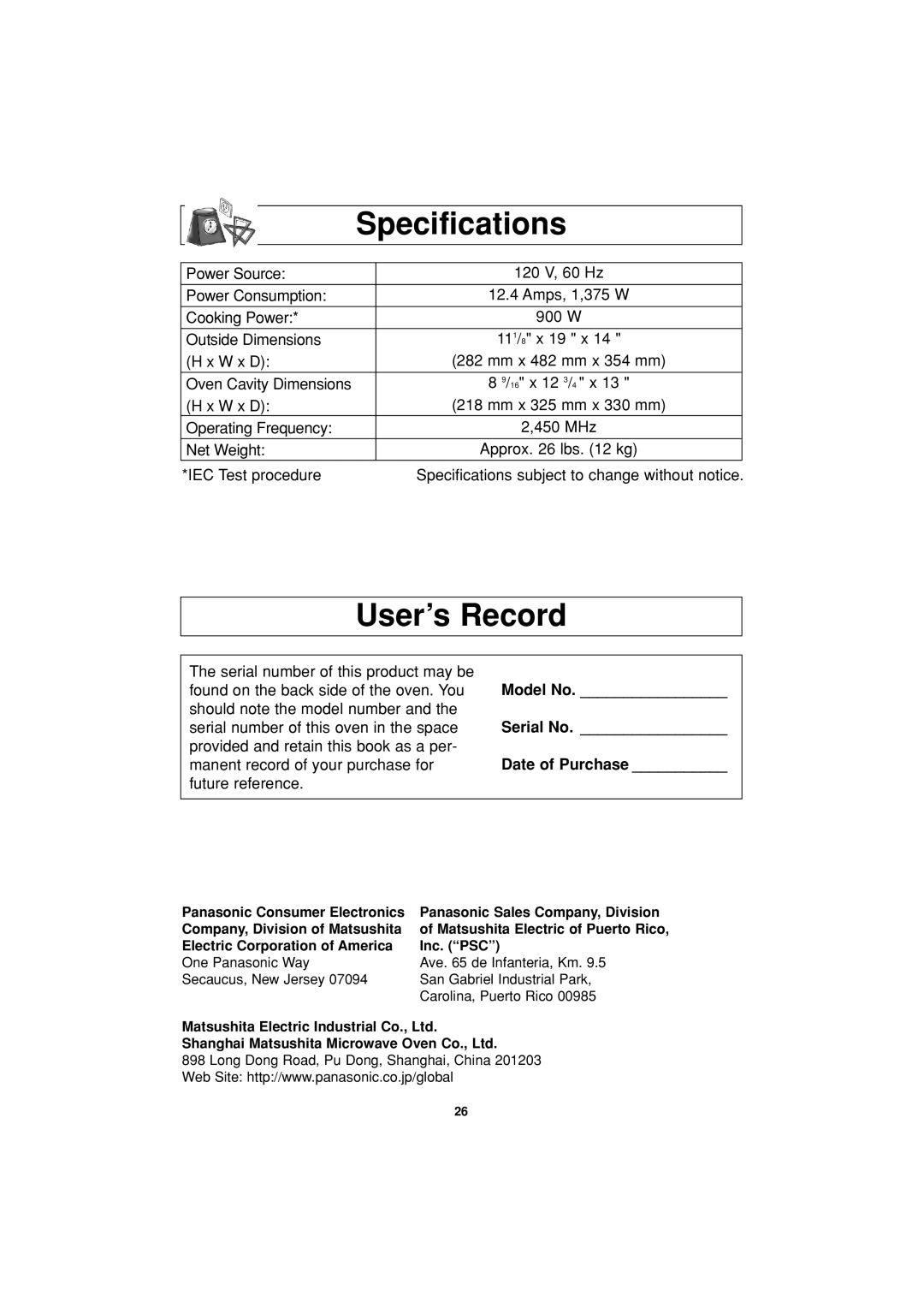 Panasonic NN-S334 important safety instructions Specifications, User’s Record, 11 1/ 8 x 19 x, 16 x 12 3/ 4 x 