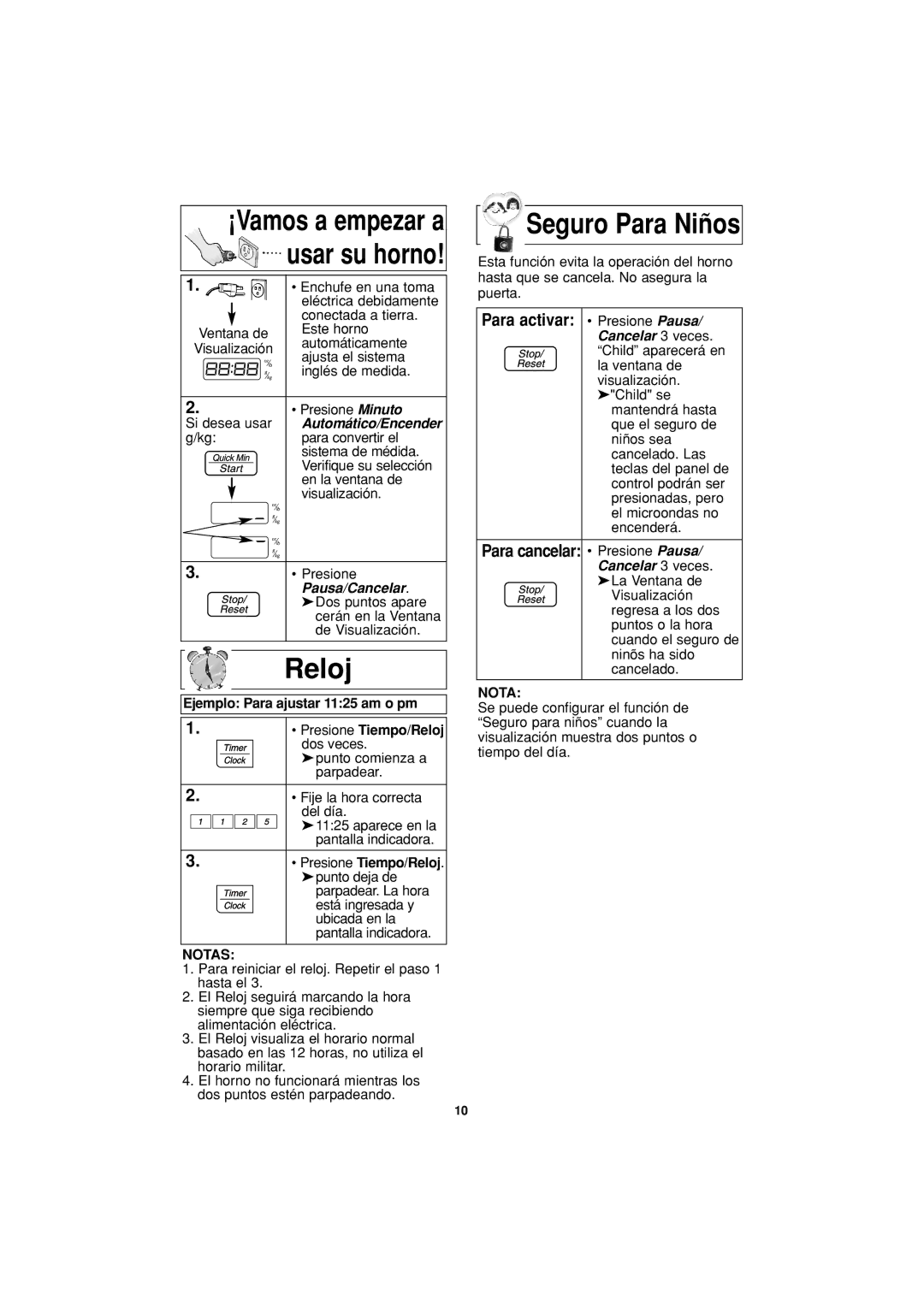 Panasonic NN-S334 important safety instructions Ejemplo Para ajustar 1125 am o pm Presione Tiempo/Reloj, Notas 