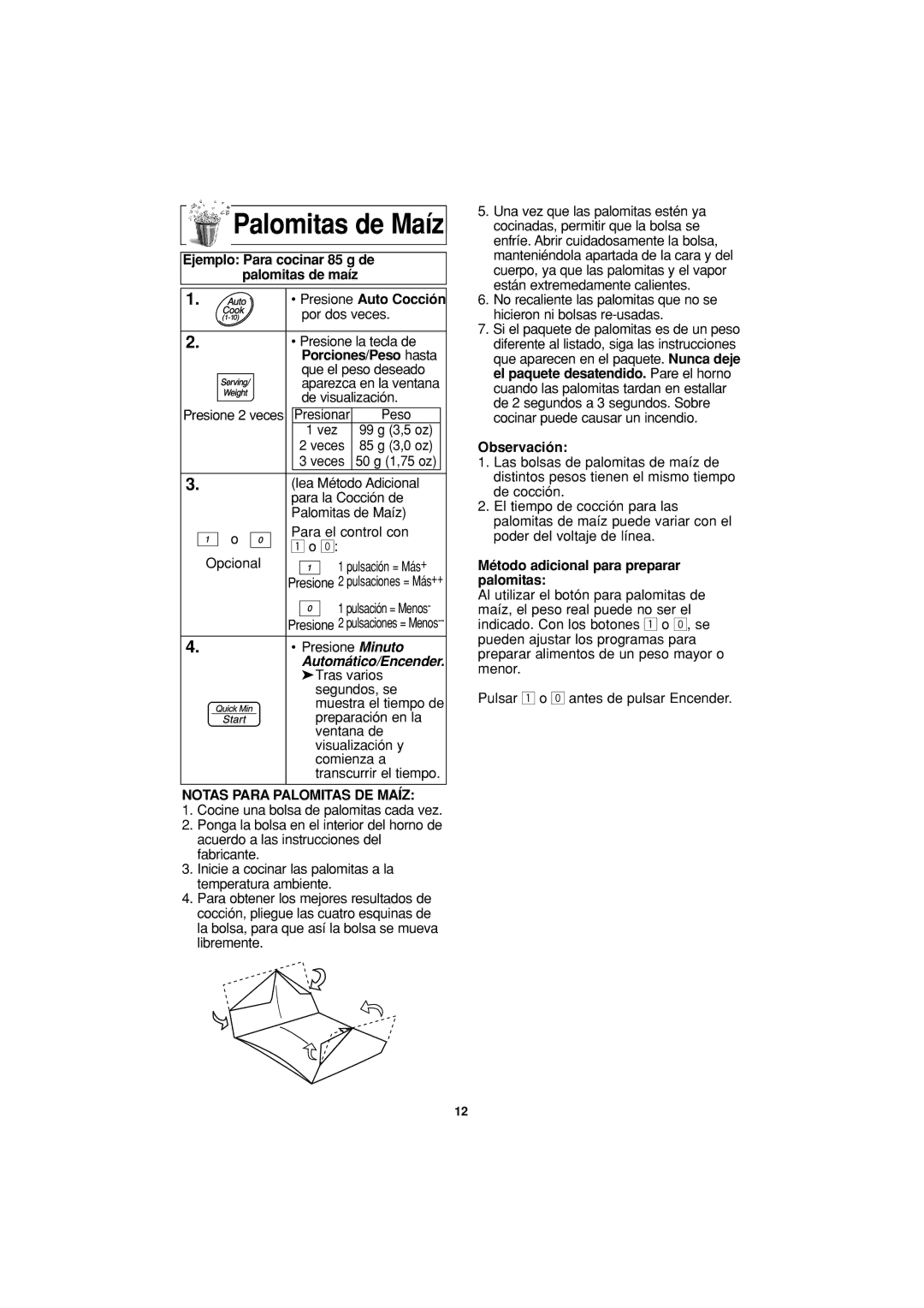 Panasonic NN-S334 Palomitas de Maíz, Ejemplo Para cocinar 85 g de palomitas de maíz, Notas Para Palomitas DE Maíz 