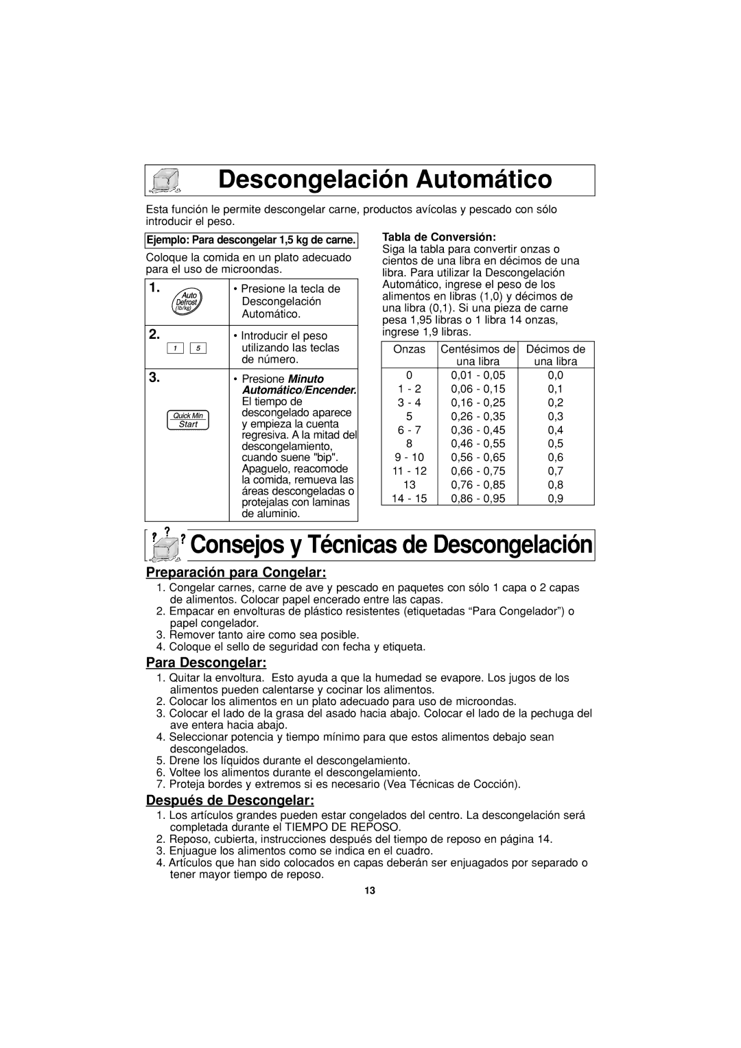 Panasonic NN-S334 Descongelación Automático, Ejemplo Para descongelar 1,5 kg de carne, Tabla de Conversión, Décimos de 