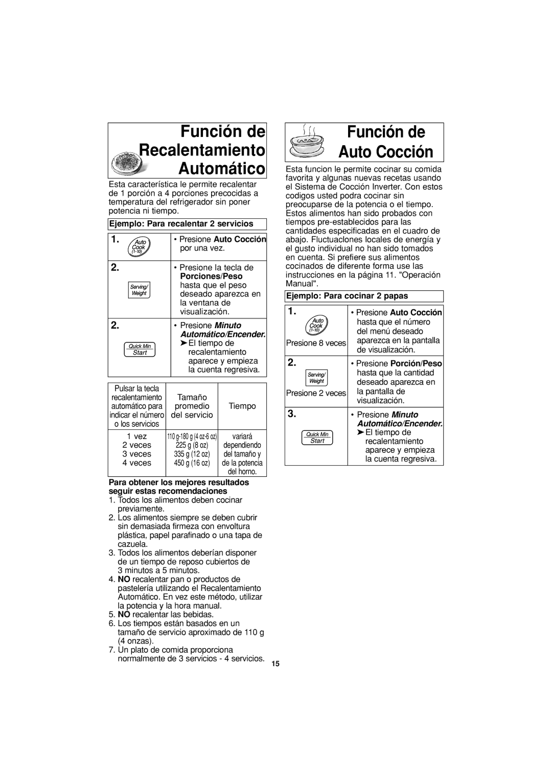 Panasonic NN-S334 important safety instructions Función de Recalentamiento Automático, Función de Auto Cocción 