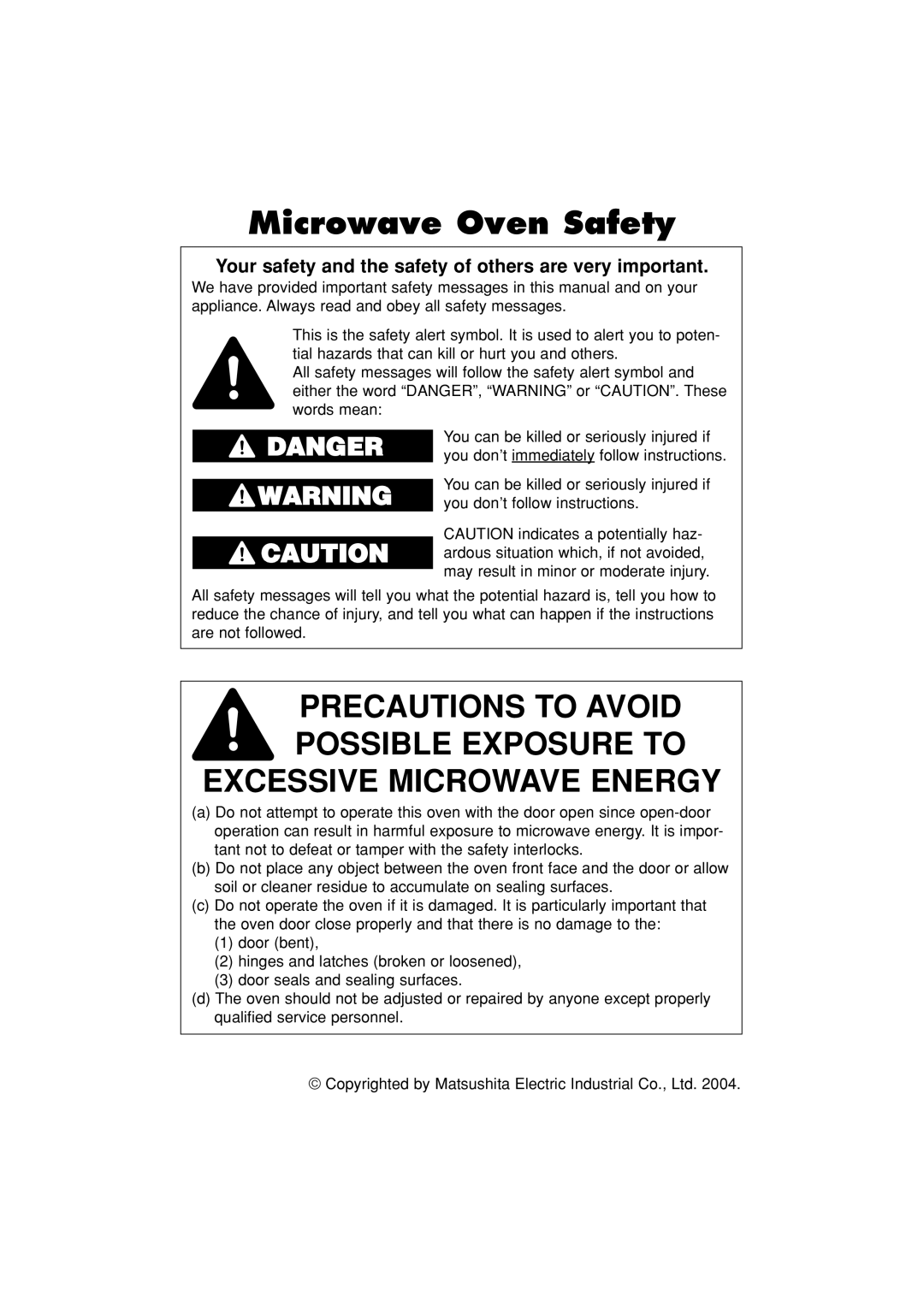 Panasonic NN-S334 Excessive Microwave Energy, Precautions To Avoid Possible Exposure To, Danger, Microwave Oven Safety 