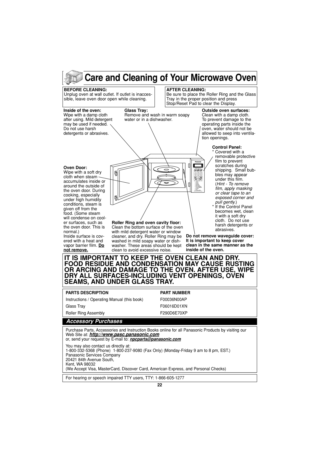 Panasonic NN-S334 important safety instructions Care and Cleaning of Your Microwave Oven, Accessory Purchases 