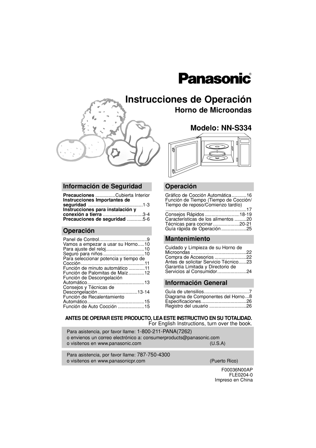 Panasonic Instrucciones de Operación, Horno de Microondas Modelo: NN-S334, Información de Seguridad, Mantenimiento 