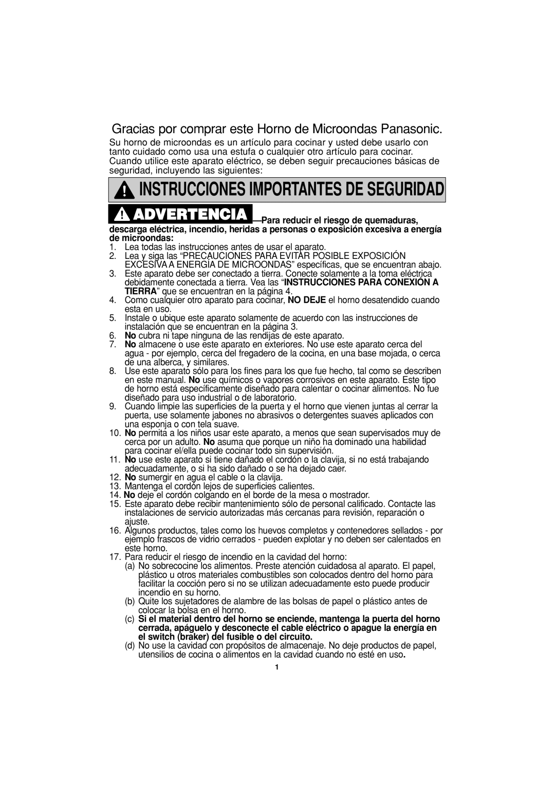 Panasonic NN-S334 important safety instructions Instrucciones Importantes De Seguridad 