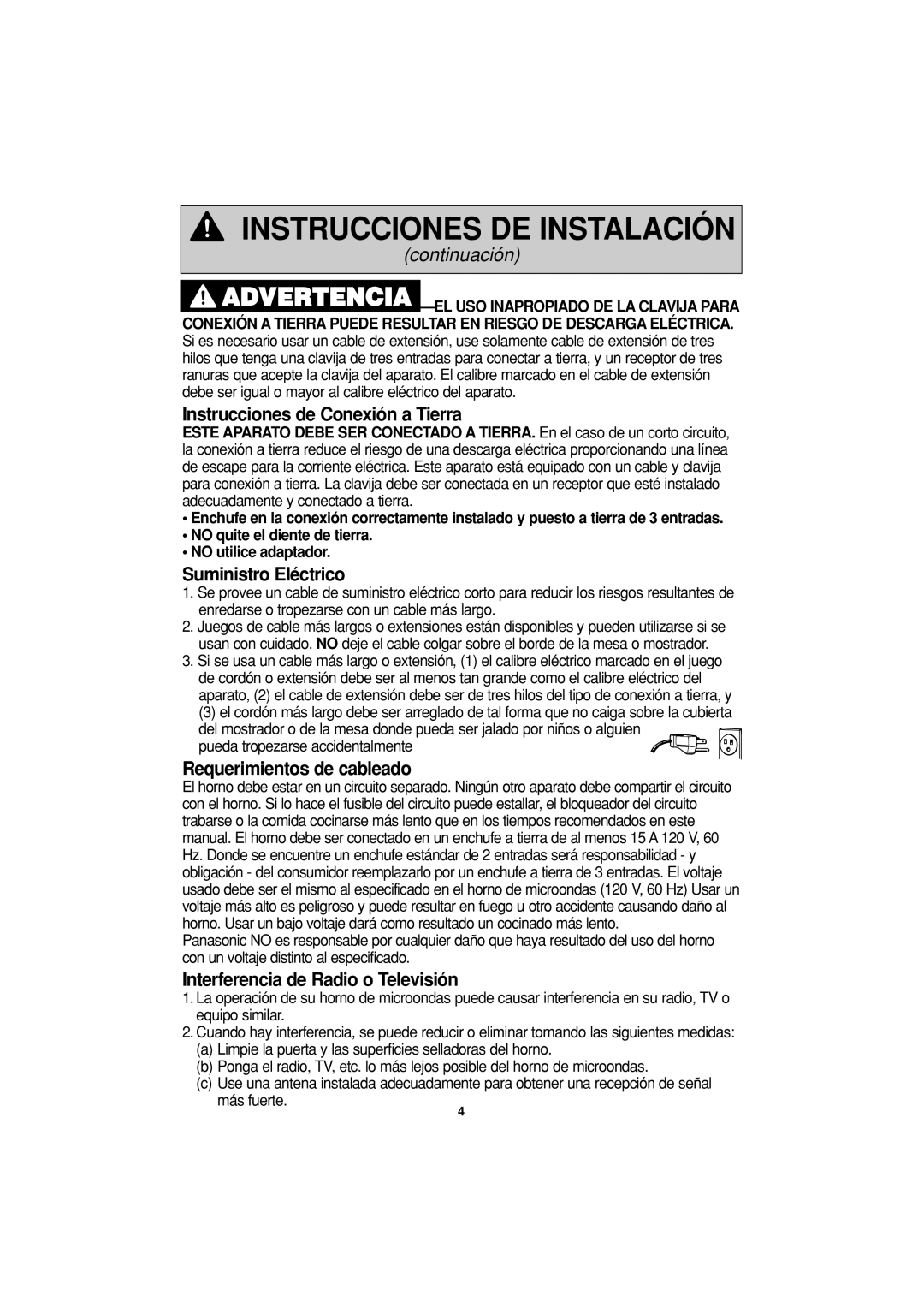 Panasonic NN-S334 Instrucciones de Conexión a Tierra, Suministro Eléctrico, Requerimientos de cableado, continuación 