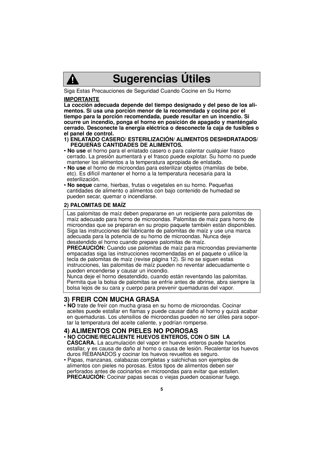 Panasonic NN-S334 important safety instructions Sugerencias Útiles, Freir Con Mucha Grasa, Alimentos Con Pieles No Porosas 
