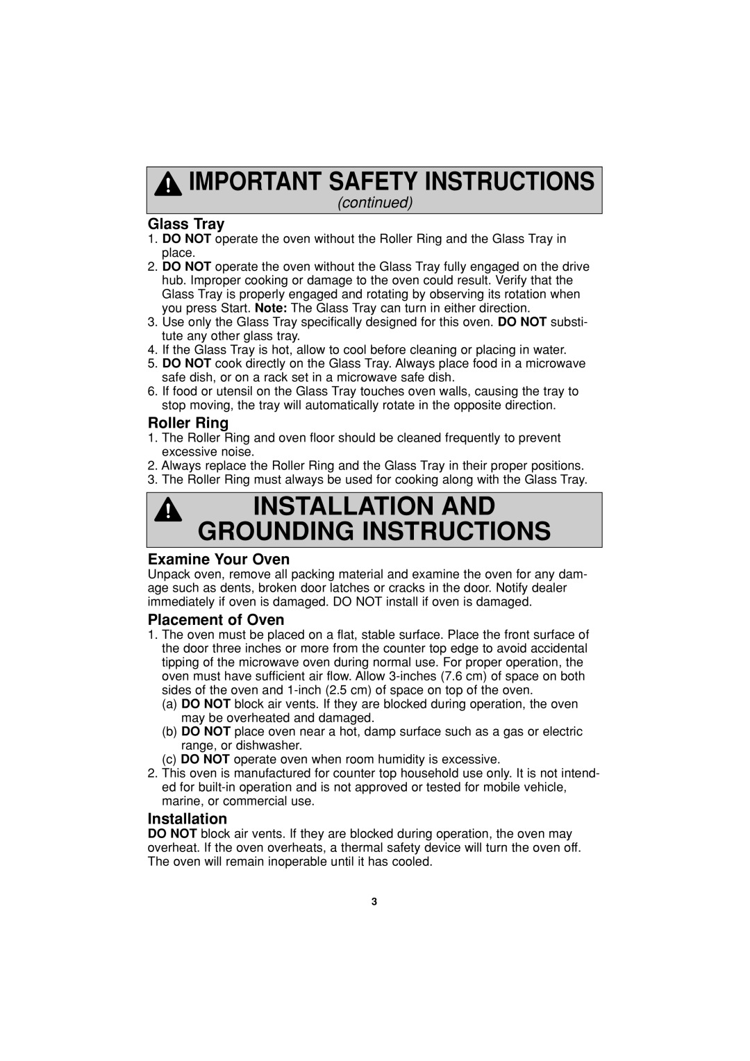 Panasonic NN-S334 Installation And Grounding Instructions, Glass Tray, Roller Ring, Examine Your Oven, Placement of Oven 