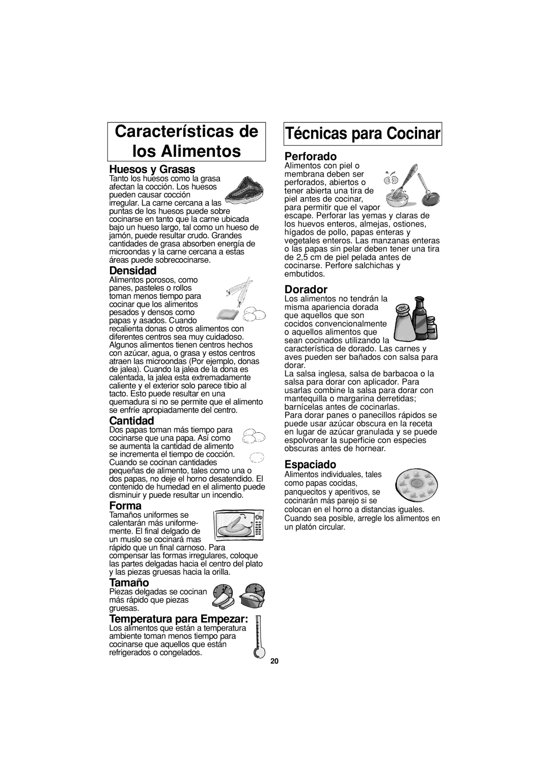 Panasonic NN-S334 Características de los Alimentos, Técnicas para Cocinar, Huesos y Grasas, Densidad, Cantidad, Forma 