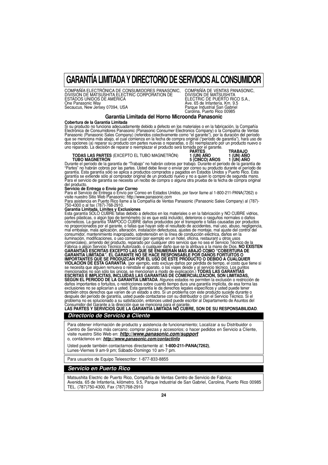 Panasonic NN-S334 important safety instructions Directorio de Servicio a Cliente, Servicio en Puerto Rico 