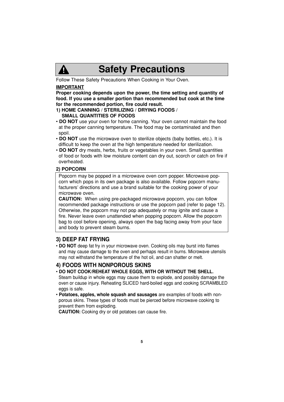 Panasonic NN-S334 important safety instructions Safety Precautions, Deep Fat Frying, Foods With Nonporous Skins 