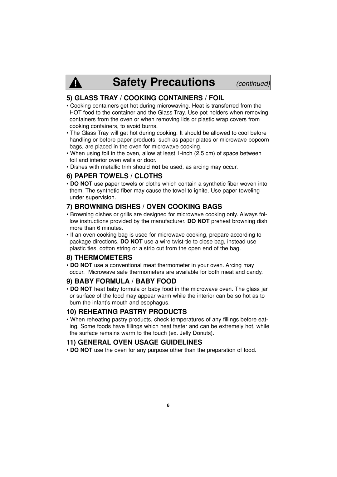 Panasonic NN-S334 Safety Precautions, Glass Tray / Cooking Containers / Foil, Paper Towels / Cloths, Thermometers 