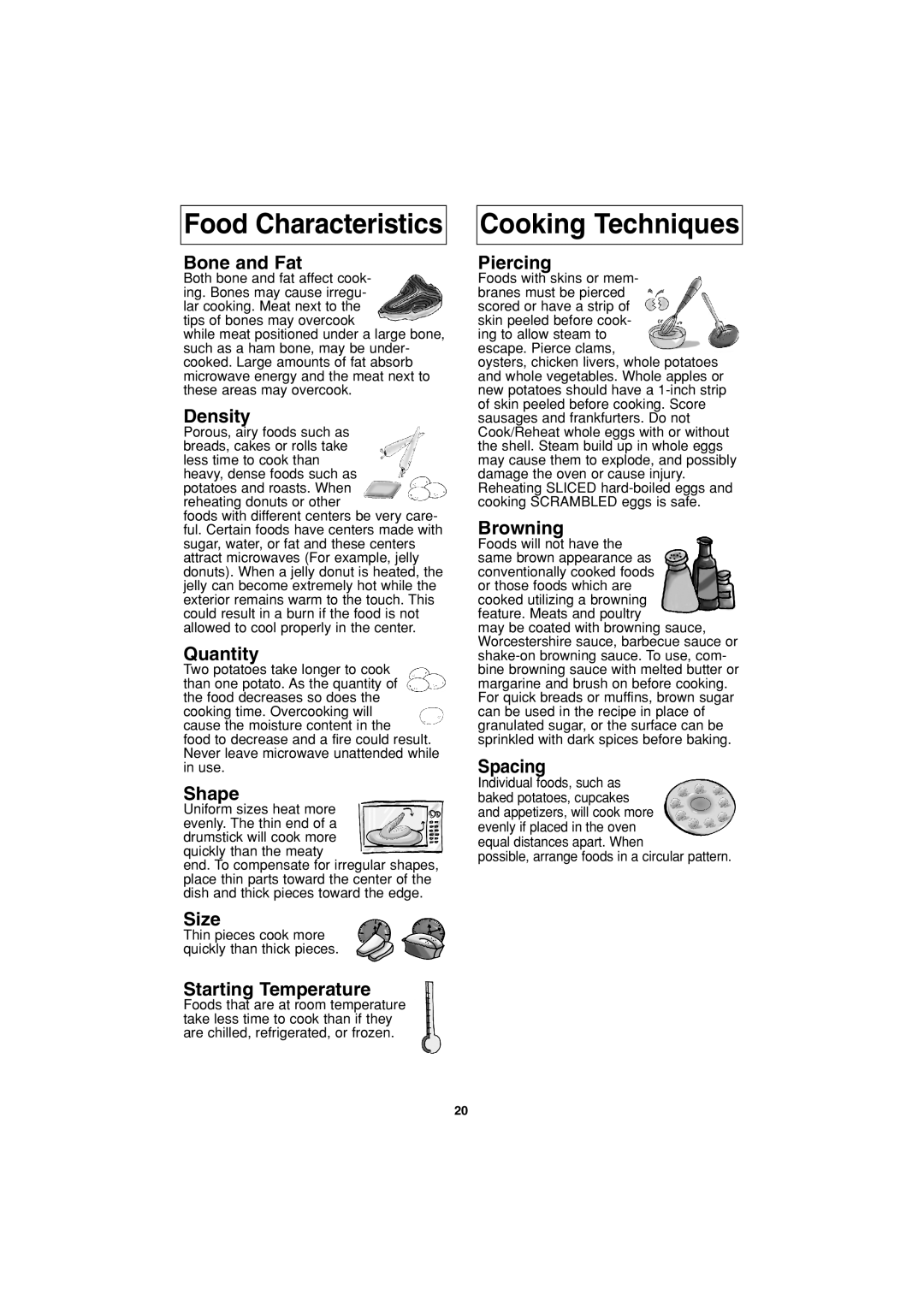 Panasonic NN-S423 important safety instructions Food Characteristics Cooking Techniques 