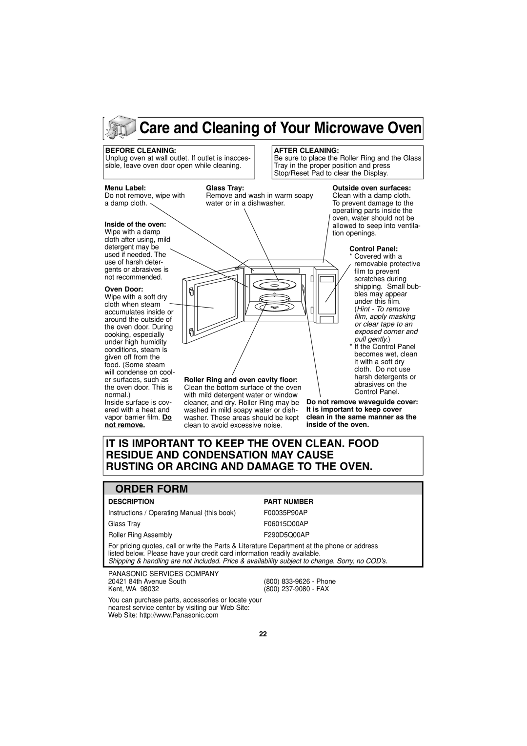 Panasonic NN-S423 important safety instructions Care and Cleaning of Your Microwave Oven 