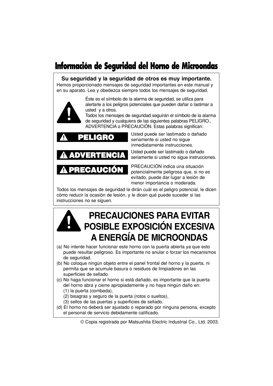 Panasonic NN-S423 Información de Seguridad del Horno de Microondas, Su seguridad y la seguridad de otros es muy importante 