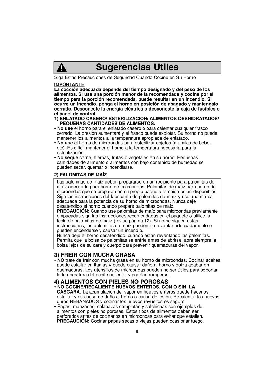 Panasonic NN-S423 important safety instructions Sugerencias Utiles, Freir CON Mucha Grasa, Alimentos CON Pieles no Porosas 