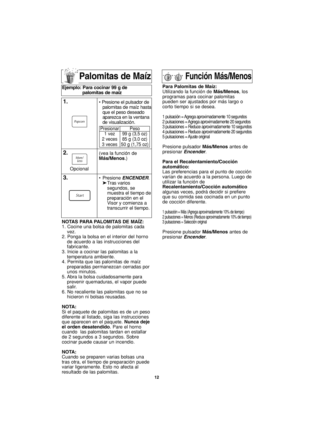 Panasonic NN-S423 important safety instructions Palomitas de Maíz, Notas Para Palomitas DE Maíz 