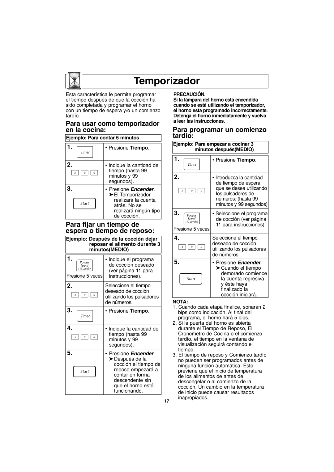 Panasonic NN-S423 Temporizador, Para usar como temporizador en la cocina, Para programar un comienzo tardío, Precaución 