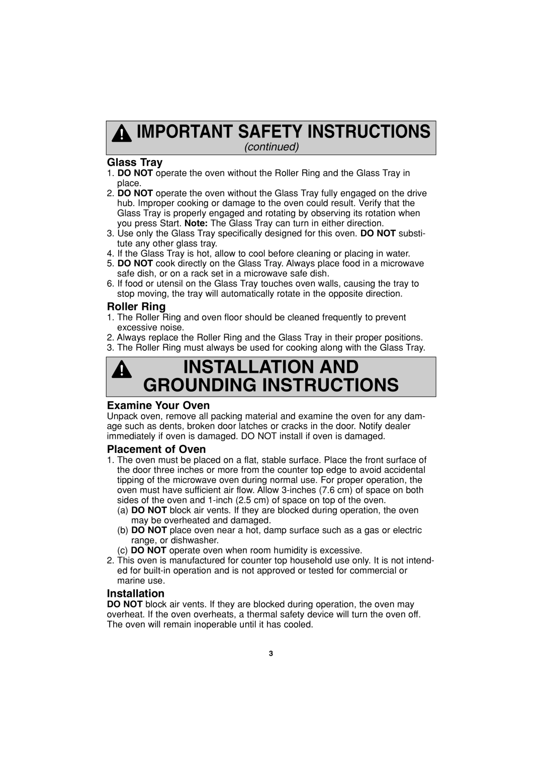 Panasonic NN-S423 important safety instructions Glass Tray, Roller Ring, Examine Your Oven, Placement of Oven, Installation 