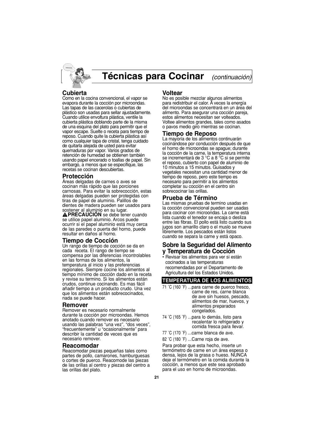 Panasonic NN-S423 important safety instructions Técnicas para Cocinar continuación 