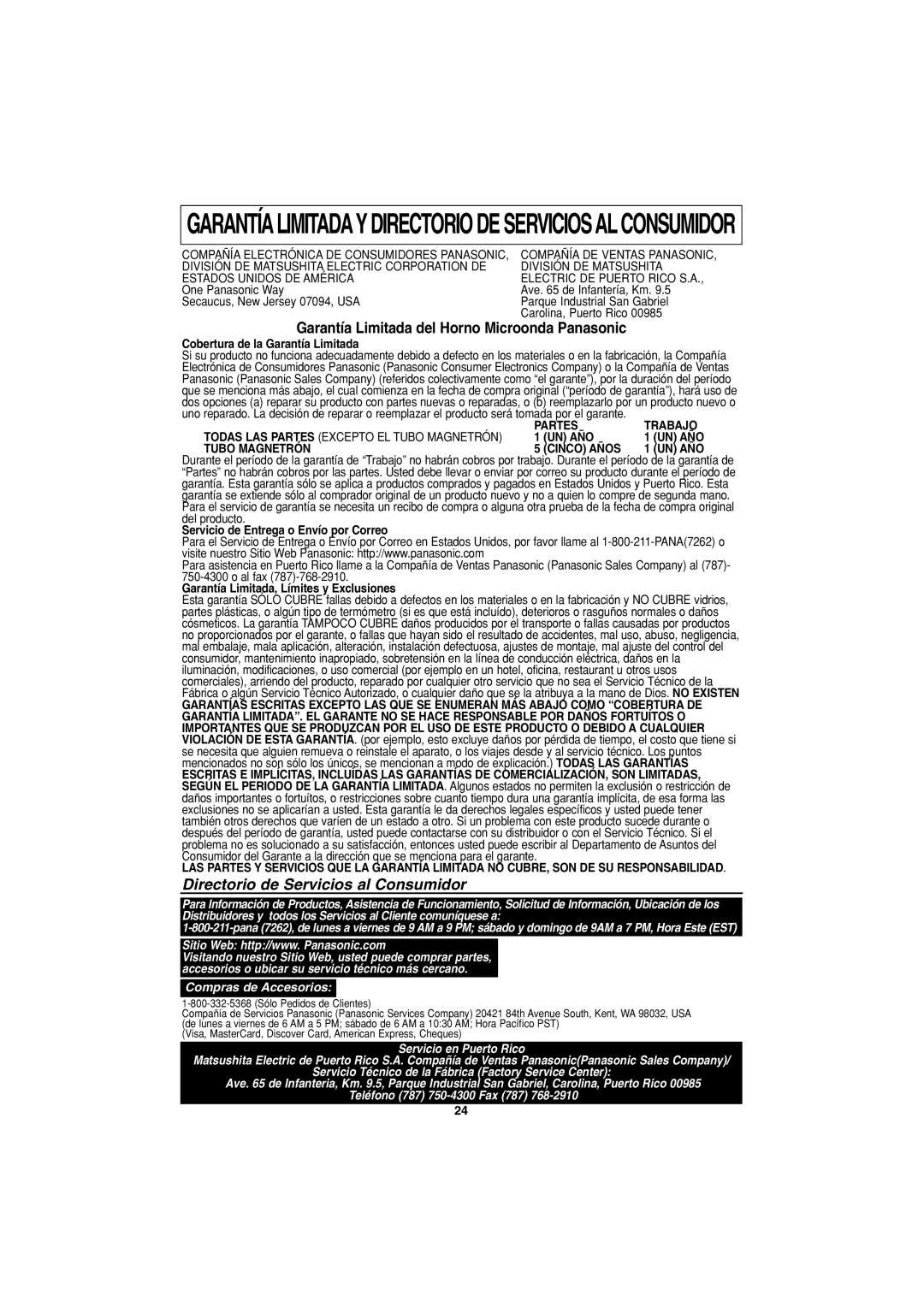 Panasonic NN-S423 Garantíalimitadaydirectorio DE Serviciosalconsumidor, Garantía Limitada del Horno Microonda Panasonic 