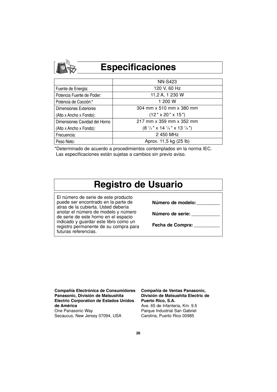 Panasonic NN-S423 Especificaciones, Registro de Usuario, Número de modelo Número de serie Fecha de Compra 