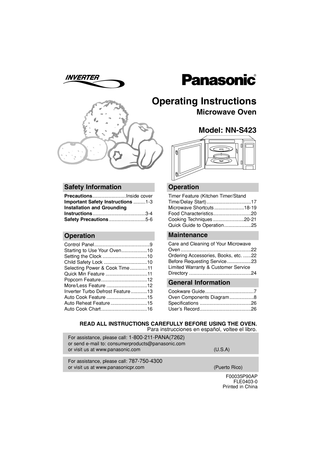 Panasonic important safety instructions Operating Instructions, Microwave Oven Model NN-S423, Safety Information 