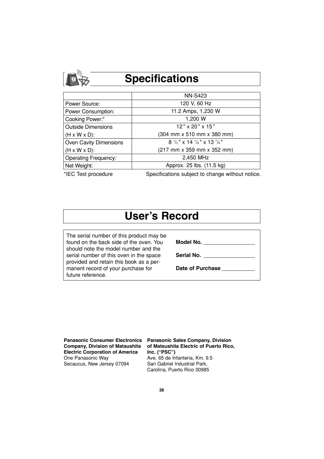 Panasonic NN-S423 important safety instructions Specifications, User’s Record, Model No, Serial No, Date of Purchase 