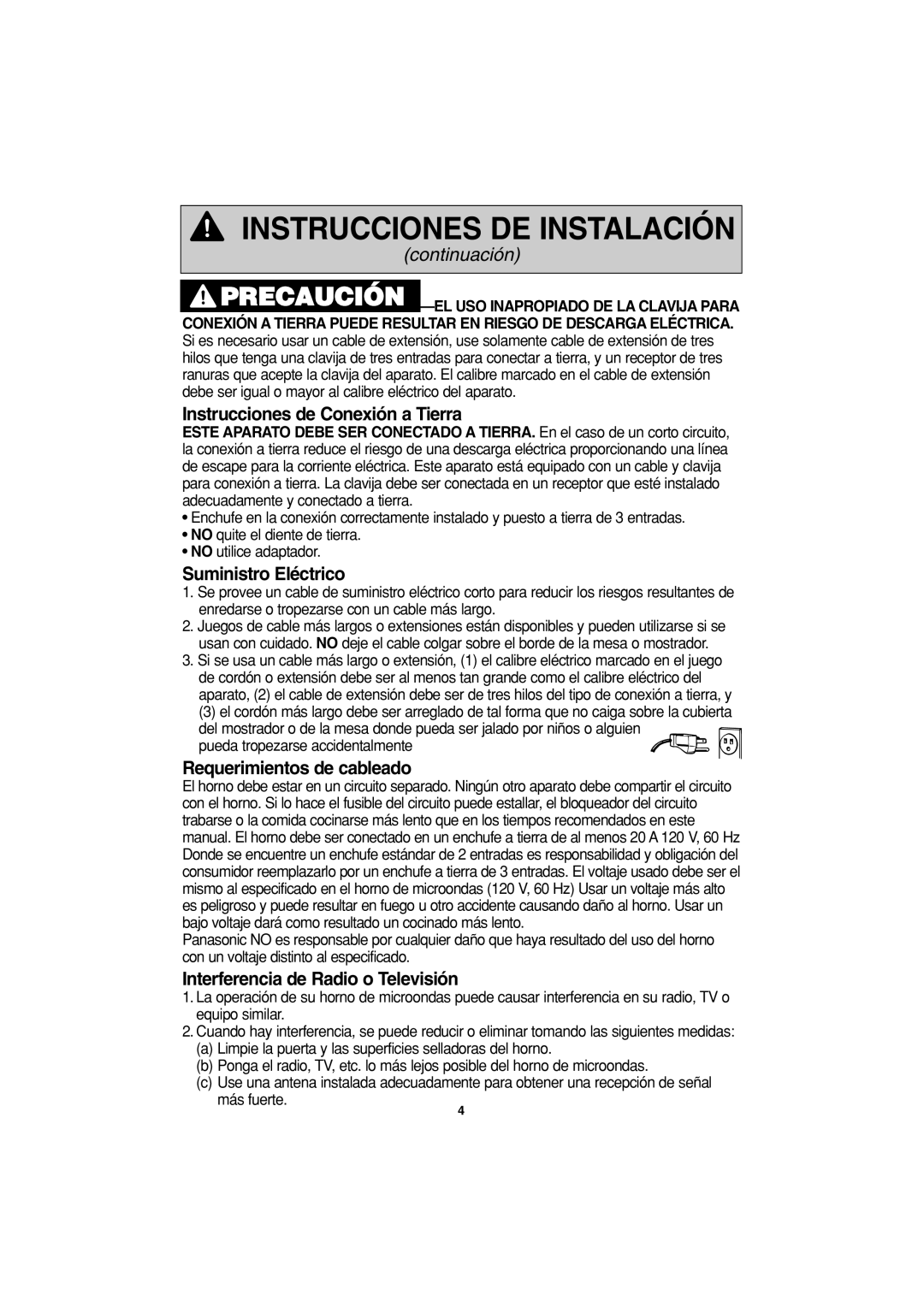 Panasonic NN-S423 Instrucciones de Conexión a Tierra, Suministro Eléctrico, Requerimientos de cableado, continuación 