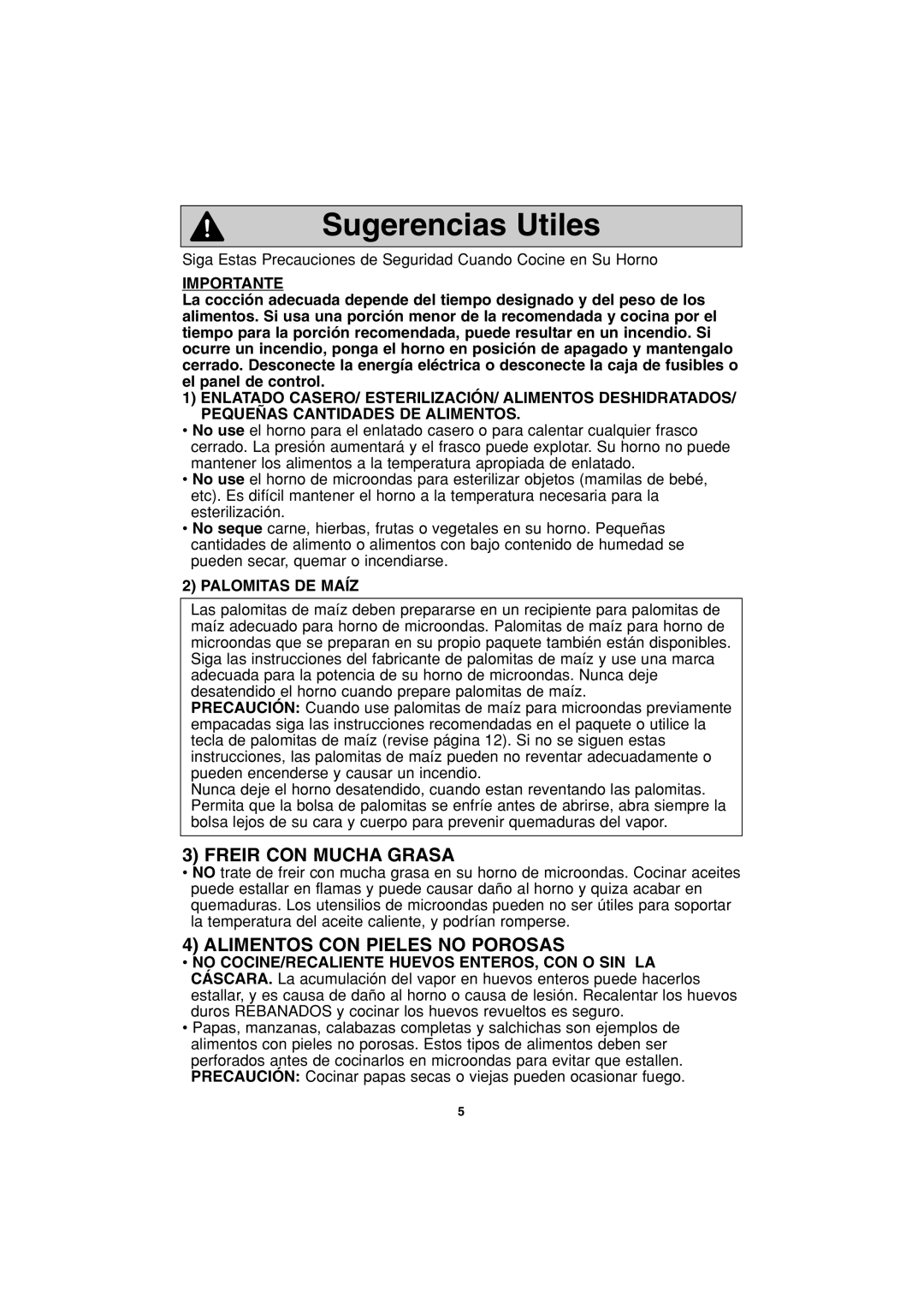 Panasonic NN-S423 important safety instructions Sugerencias Utiles, Freir Con Mucha Grasa, Alimentos Con Pieles No Porosas 