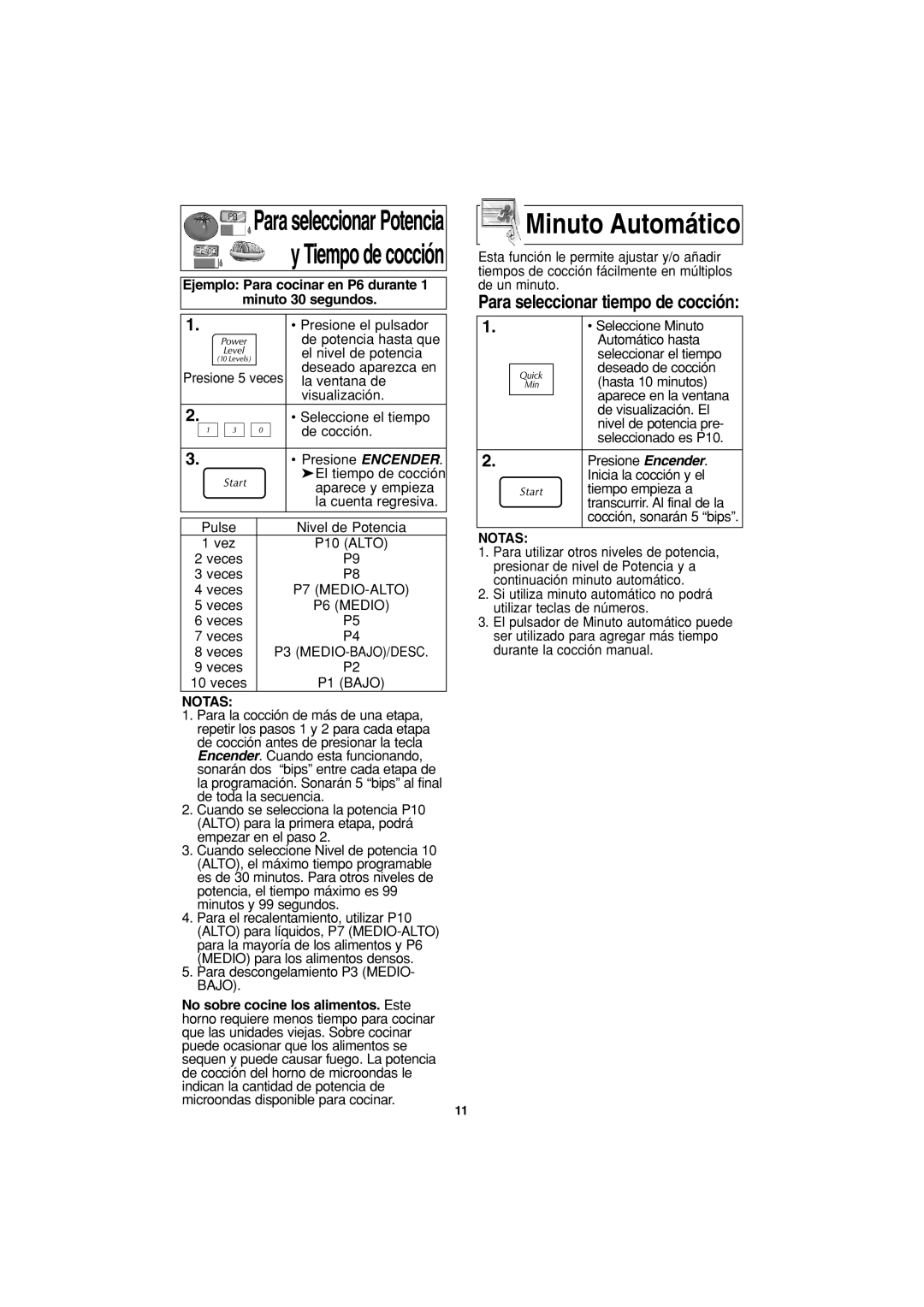 Panasonic NN-S423 important safety instructions Minuto Automático, Para seleccionar Potencia y Tiempo de cocción, Notas 