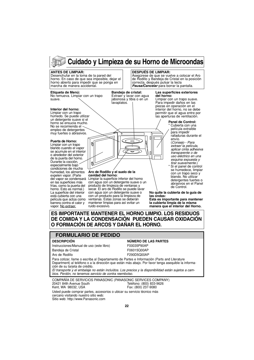 Panasonic NN-S423 important safety instructions Cuidado y Limpieza de su Horno de Microondas, Formulario De Pedido 