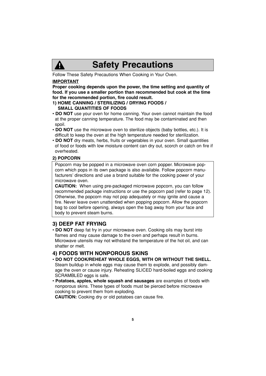 Panasonic NN-S423 important safety instructions Safety Precautions, Deep Fat Frying, Foods With Nonporous Skins 
